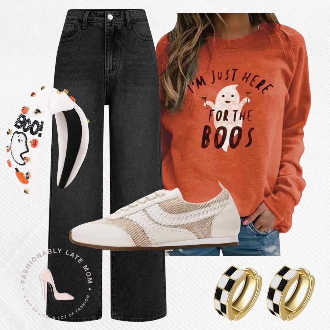 I'm Just Here for the Boos rust sweatshirt with black wide leg jeans and sneakers
