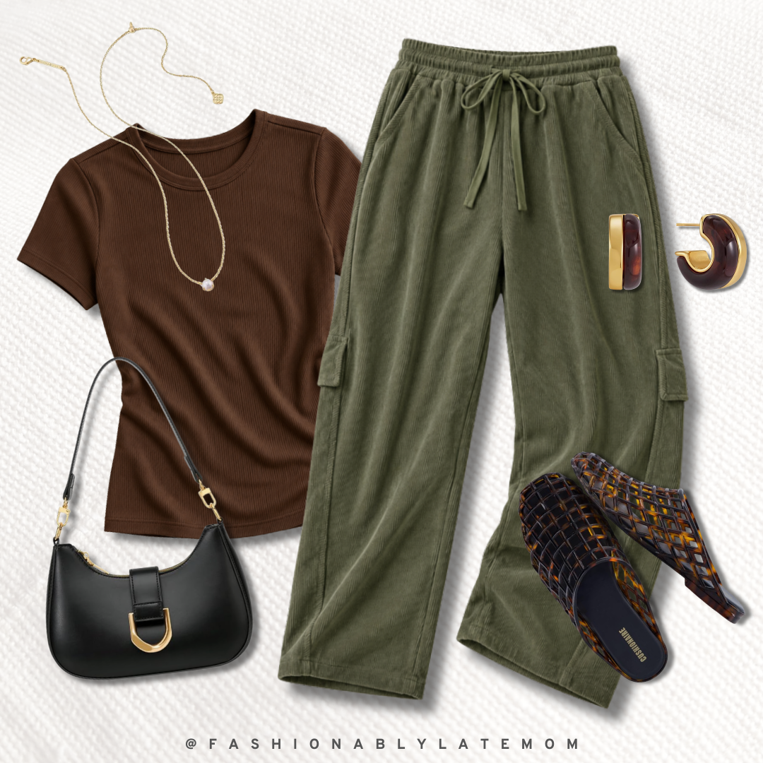 brown tee and olive cargo pants fall outfit with leopard mules