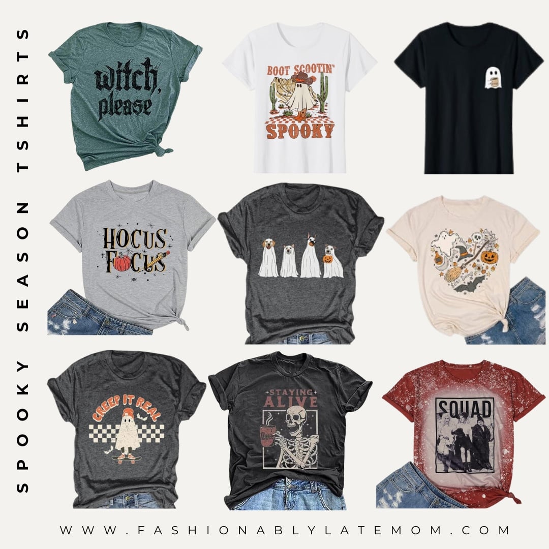 Nine Halloween graphic tees from Amazon including Witch Please, Hocus Pocus and ghost designs