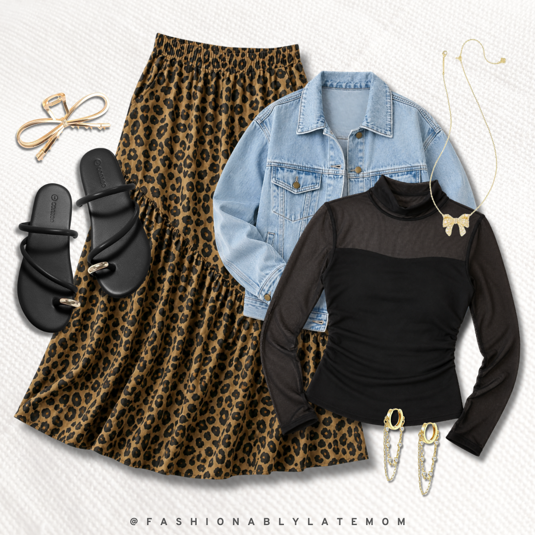 leopard midi skirt fall outfit with a denim jacket and black mesh top