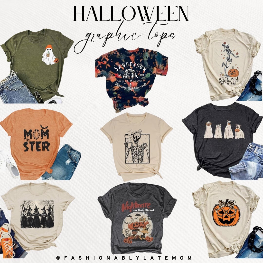 Halloween graphic tops from Amazon including Momster, Sanderson Sisters and pumpkin tees