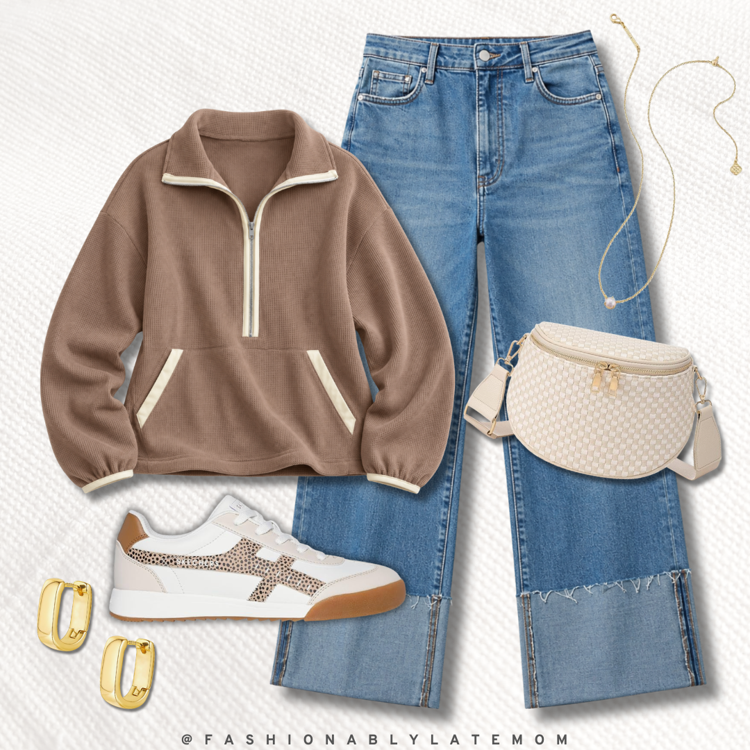 brown half-zip pullover fall outfit with wide-leg jeans, sneakers and a belt bag
