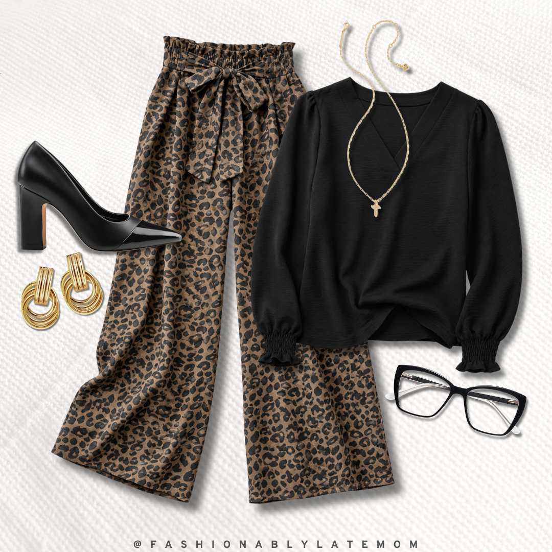 leopard print wide-leg pants and black puff-sleeve top workwear outfit with black cap-toe pumps