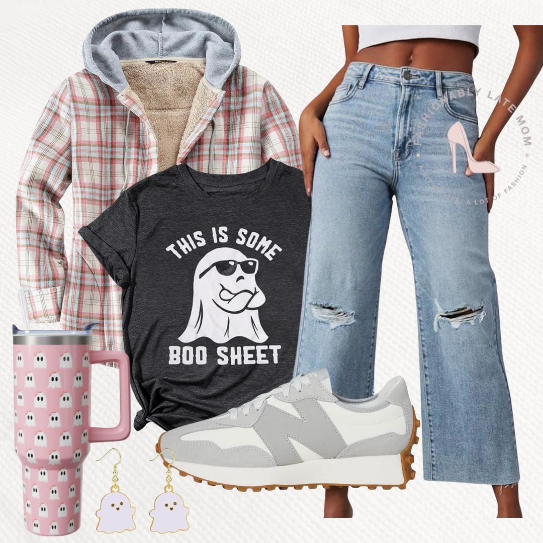 This Is Some Boo Sheet ghost graphic tee with a sherpa plaid shacket, light jeans and sneakers