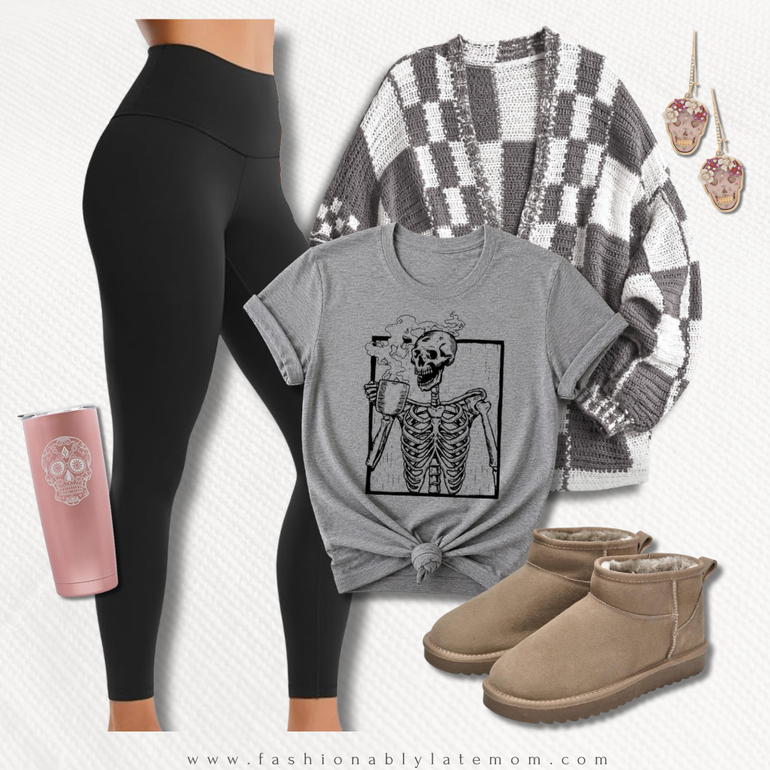 cozy fall outfit with black leggings, a checkered cardigan, skeleton tee and mini boots