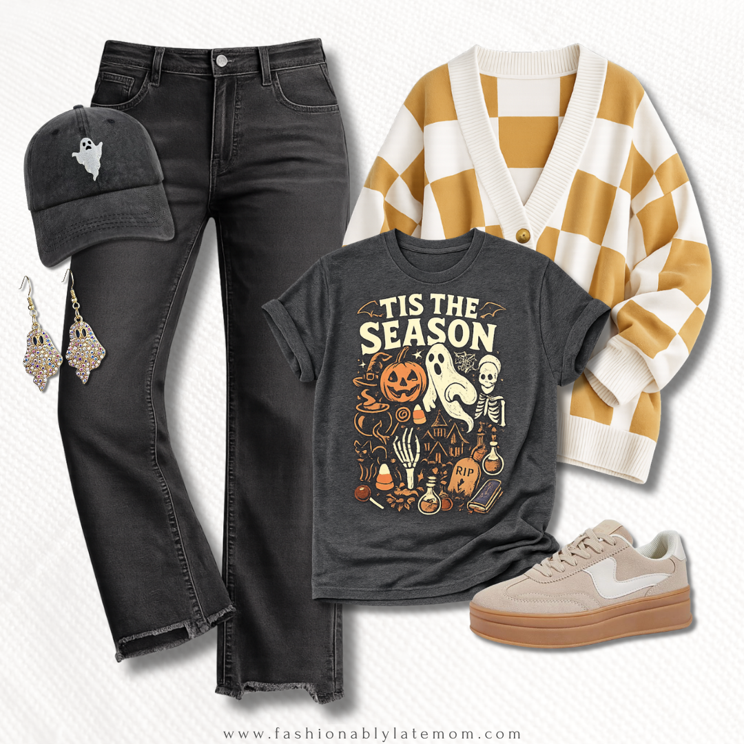 'Tis the Season Halloween tee outfit with black jeans and a mustard checkered cardigan