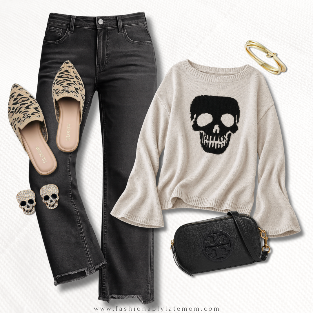 Cream skull bell sleeve sweater with black jeans and skull mules