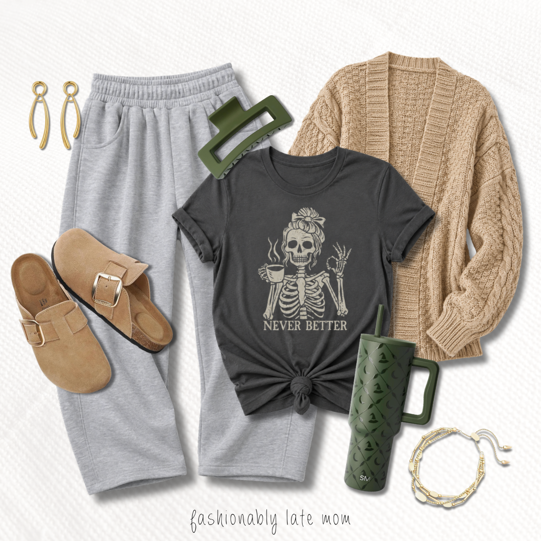 comfy fall loungewear outfit with gray sweat shorts, a graphic tee, tan cardigan and clogs