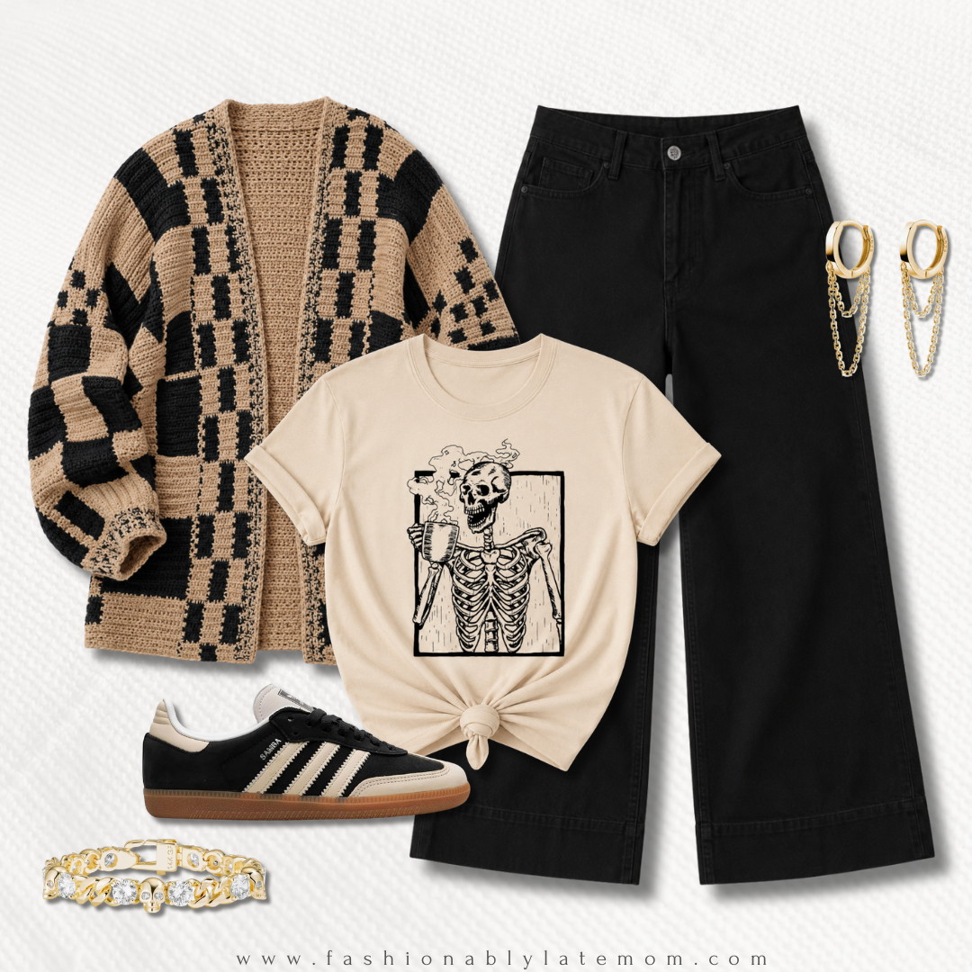 Framed skeleton graphic tee with a checkered cardigan, black wide leg jeans and sneakers