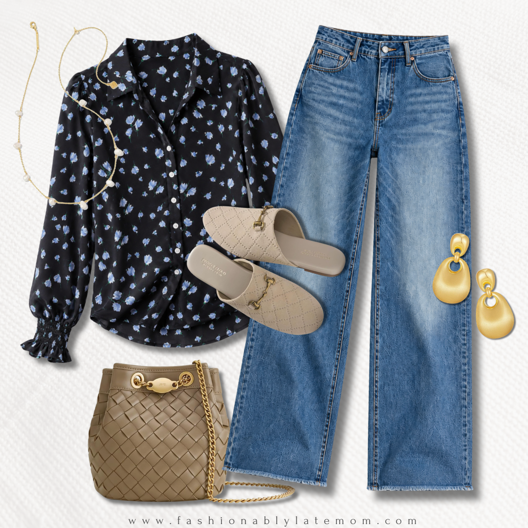 fall outfit idea with a navy floral blouse, wide-leg jeans and a woven crossbody bag