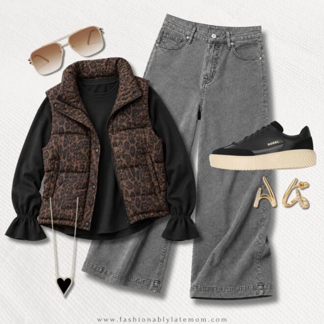 Leopard vest + black bell-sleeve top + grey wide-leg pant