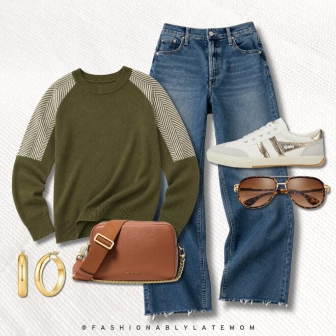Olive herringbone sweater + cropped jeans + Gola sneakers