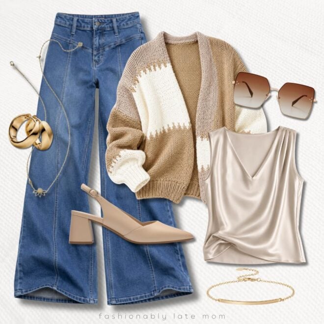 Color-Block Cardigan Outfit with Silk Cami and Slingbacks