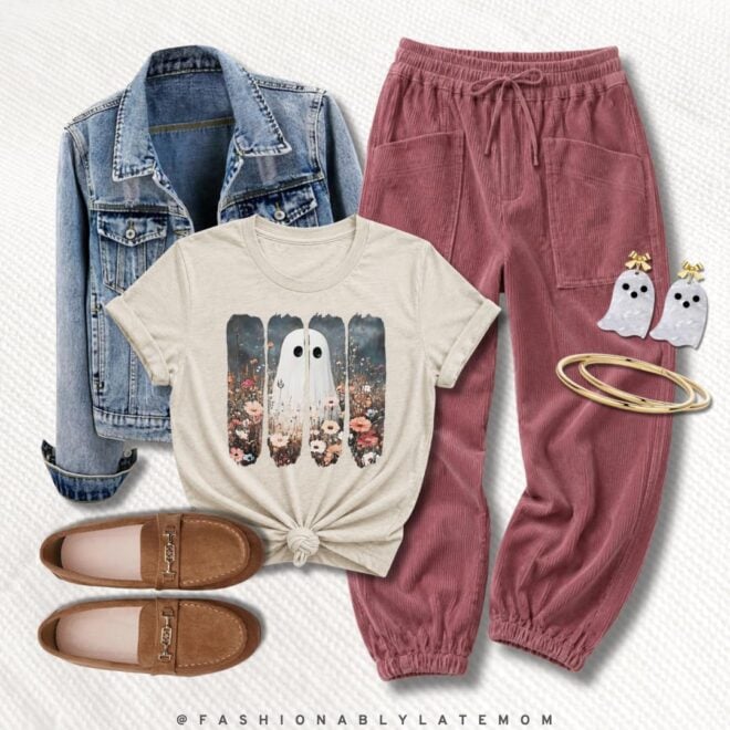 Floral ghost tee + denim jacket + mauve corduroy joggers