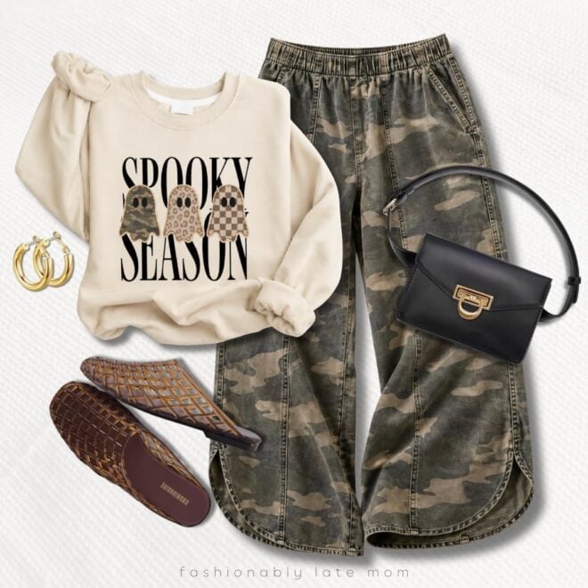 Spooky Season Sweatshirt Outfit with Camo Wide-Leg Pants