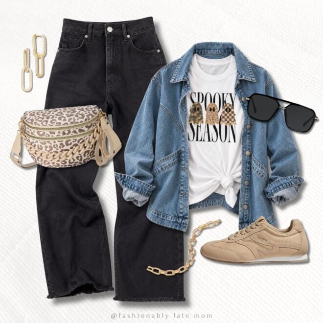 Spooky Season tee + denim jacket + black jean