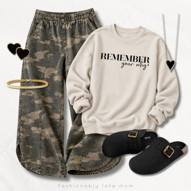 Remember Your Why sweatshirt + camo pants