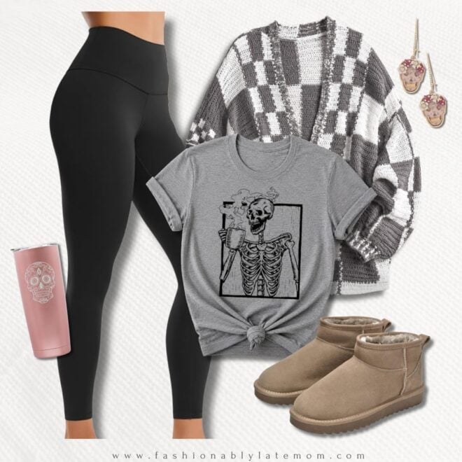 Skeleton coffee tee + checkered cardigan + leggings