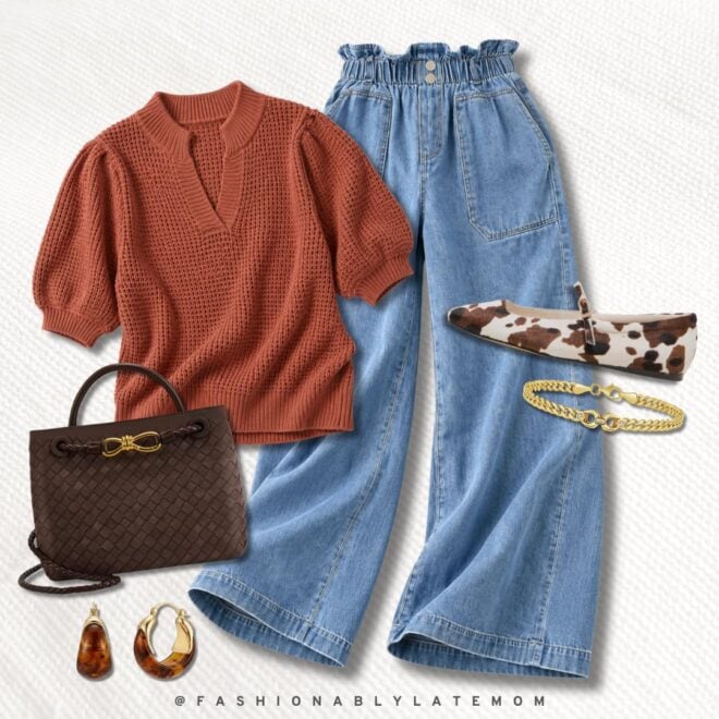 Rust waffle top + paperbag wide-leg jeans