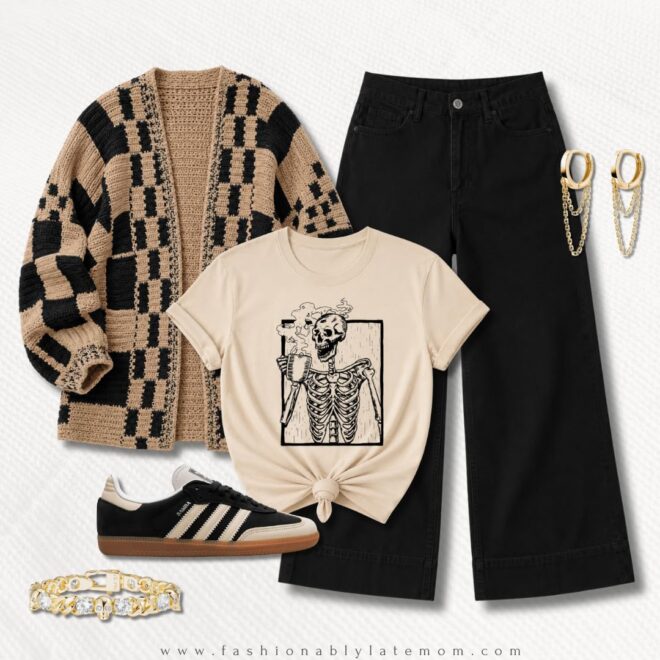 Skeleton coffee tee + checkered cardigan + black wide-legs