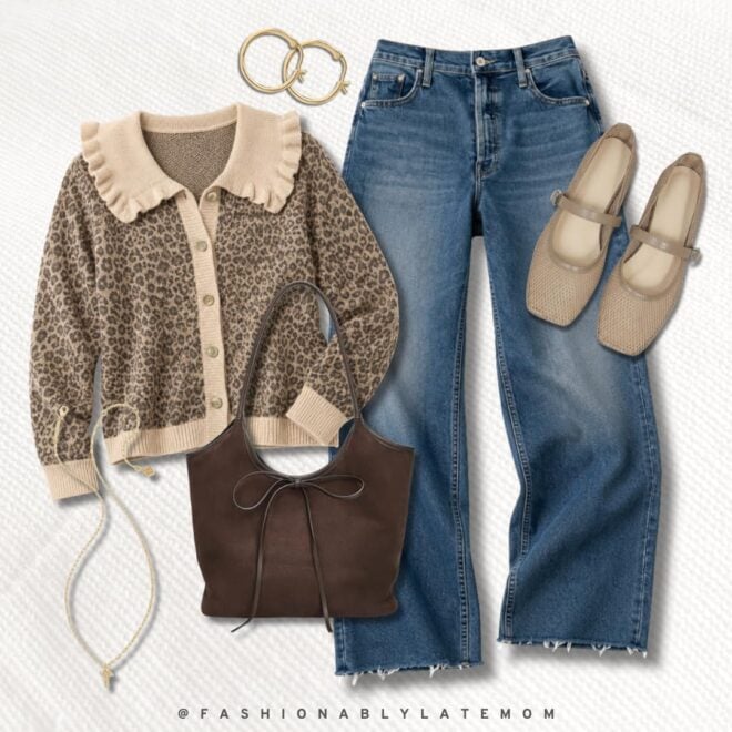 Leopard ruffle cardigan + wide-leg jeans