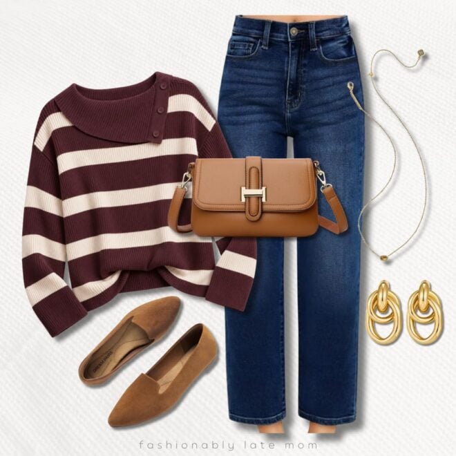 Burgundy stripe sweater + dark jeans + loafers