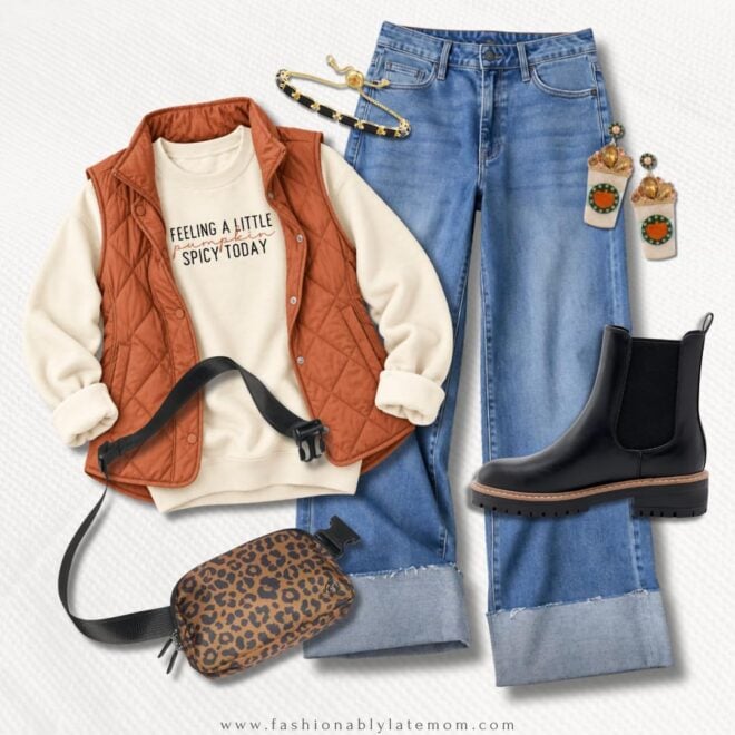 Rust quilted vest + pumpkin spicy sweatshirt