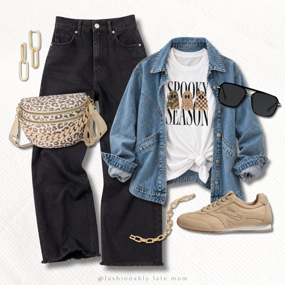 Spooky Season ghost graphic tee outfit with denim jacket, black jeans, leopard sling bag, and tan sneakers