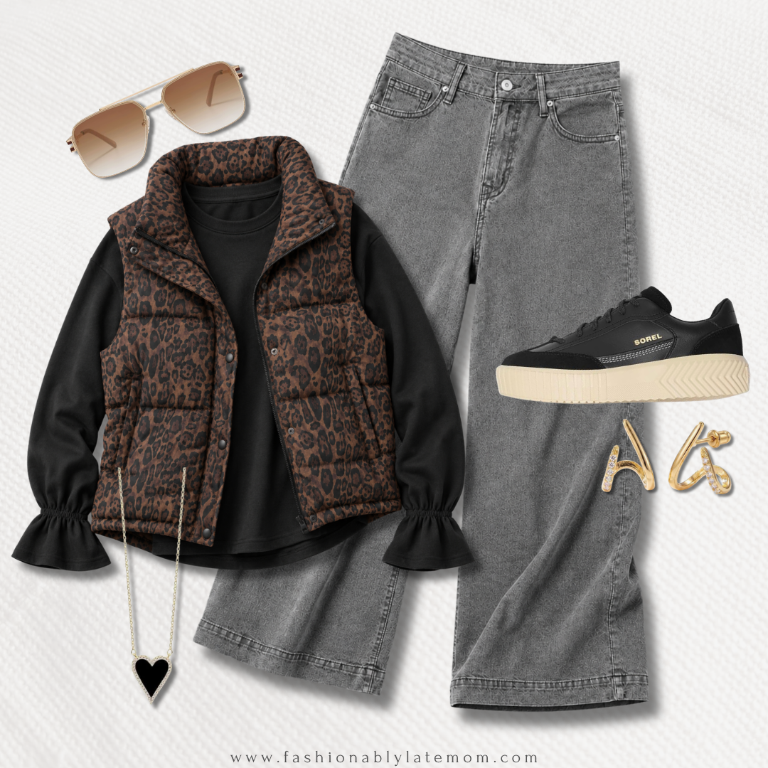 fall outfit with leopard puffer vest over a black bell-sleeve top, gray wide-leg jeans, and black platform sneakers