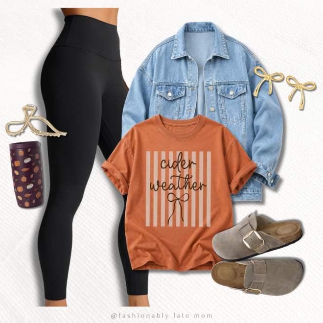 Cider weather orange fall graphic tee with a denim jacket, black leggings and suede clogs
