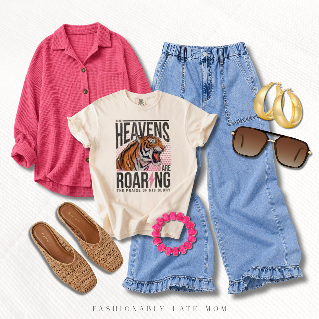 Heavens are roaring tiger graphic tee with a pink shacket, ruffle-hem wide-leg jeans and woven flats