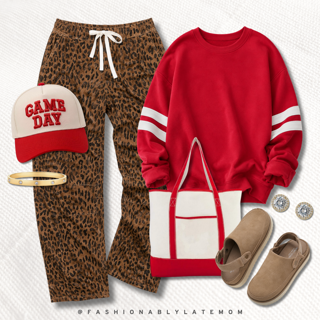 Game day red varsity sweatshirt with leopard pants, a trucker hat and canvas tote