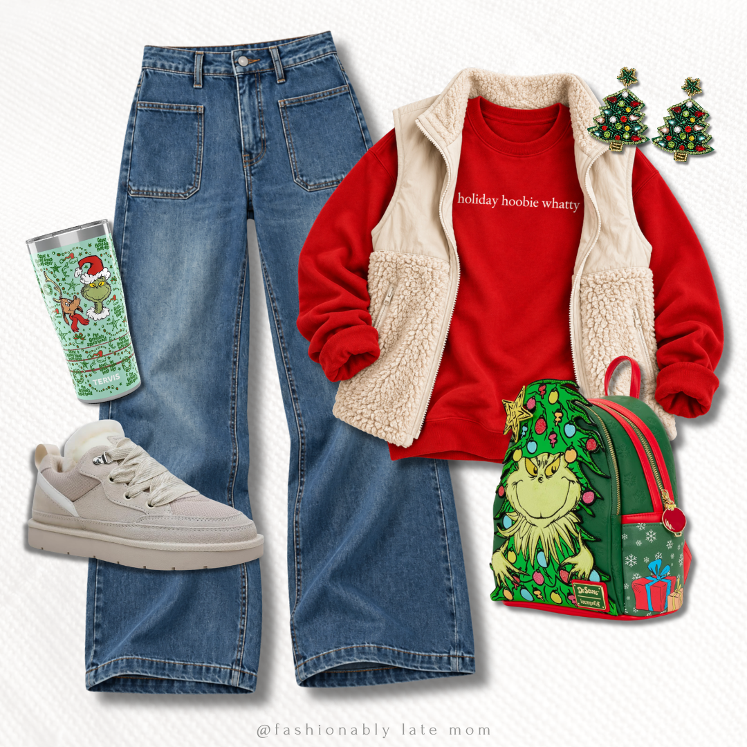 Holiday hoodie red graphic sweatshirt with a sherpa vest, wide-leg jeans and a Grinch mini backpack