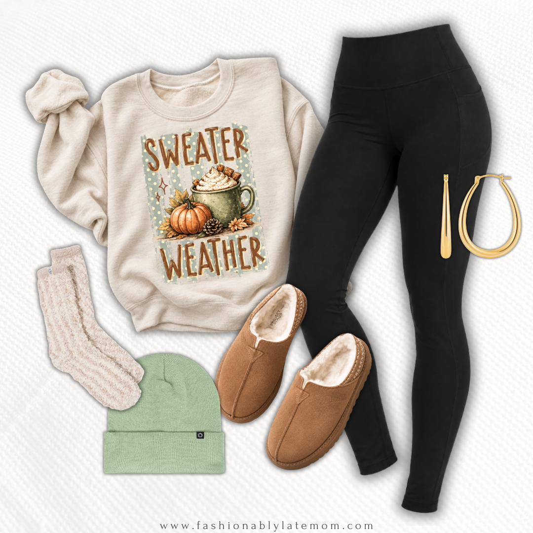 Sweater weather pumpkin graphic sweatshirt with black leggings, a green beanie, cozy socks and shearling slippers