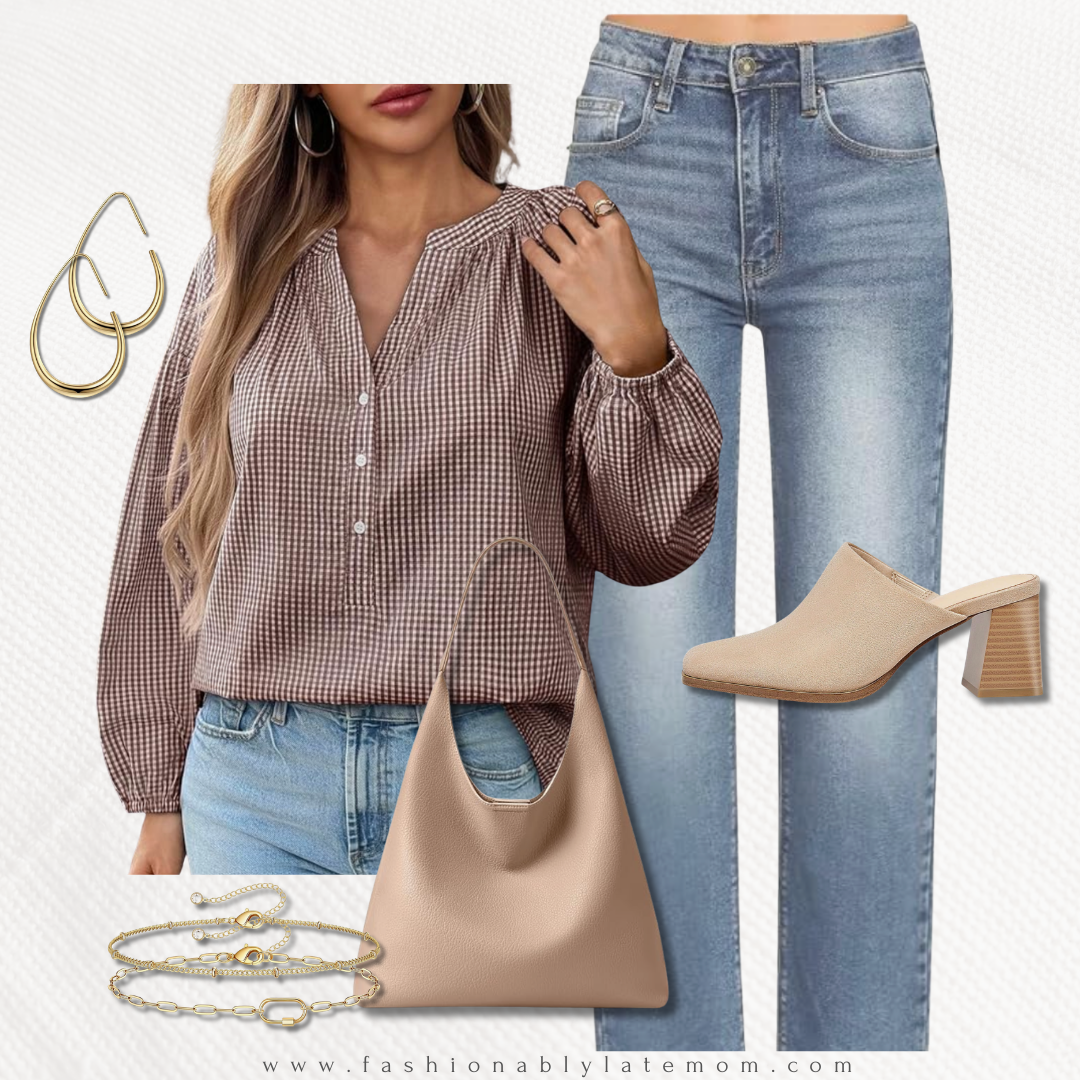 fall outfit with brown gingham blouse, light-wash jeans, taupe hobo bag, and block-heel mules