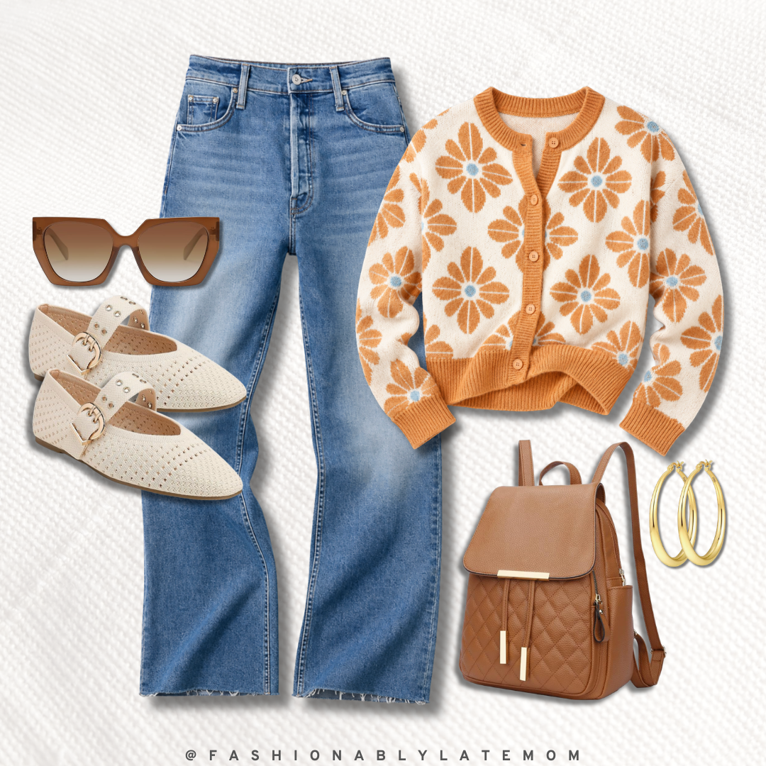 fall outfit with orange floral cardigan, flare jeans, cream mary-jane flats, and a brown quilted backpack