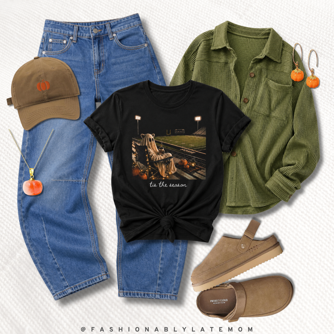 fall outfit with tis the season ghost graphic tee, olive corduroy shacket, barrel jeans, and platform clogs