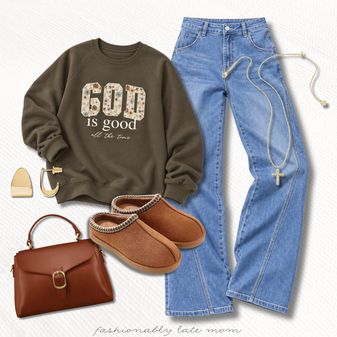 God is good olive graphic sweatshirt with wide-leg jeans, a brown satchel and suede slippers