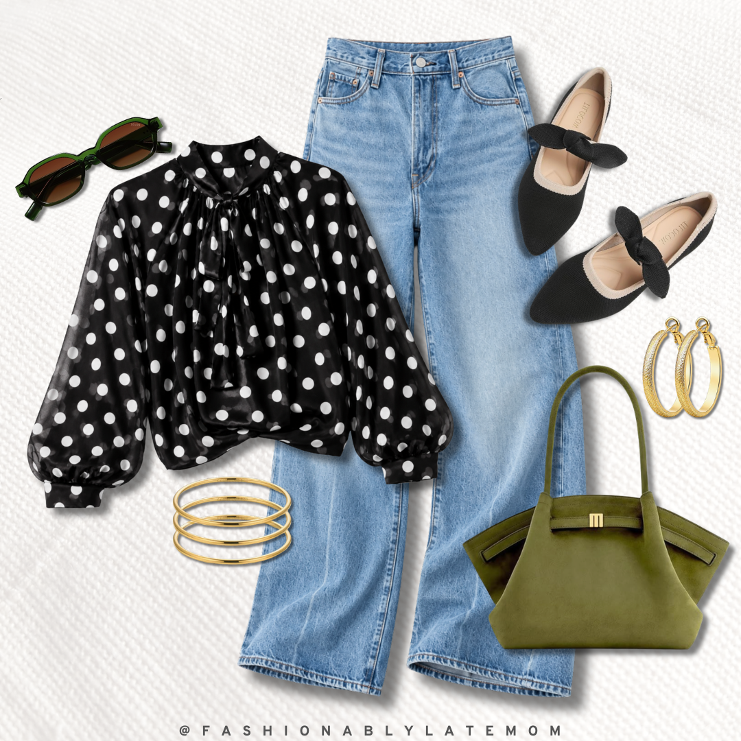 fall outfit with black polka-dot bow blouse, light-wash wide-leg jeans, black bow flats, and an olive suede bag