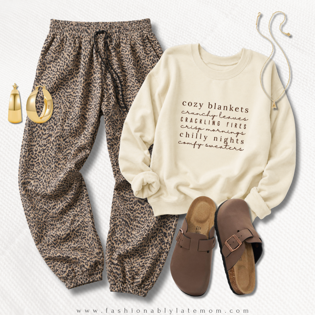 Cozy blankets fall words cream sweatshirt with leopard joggers and brown clogs