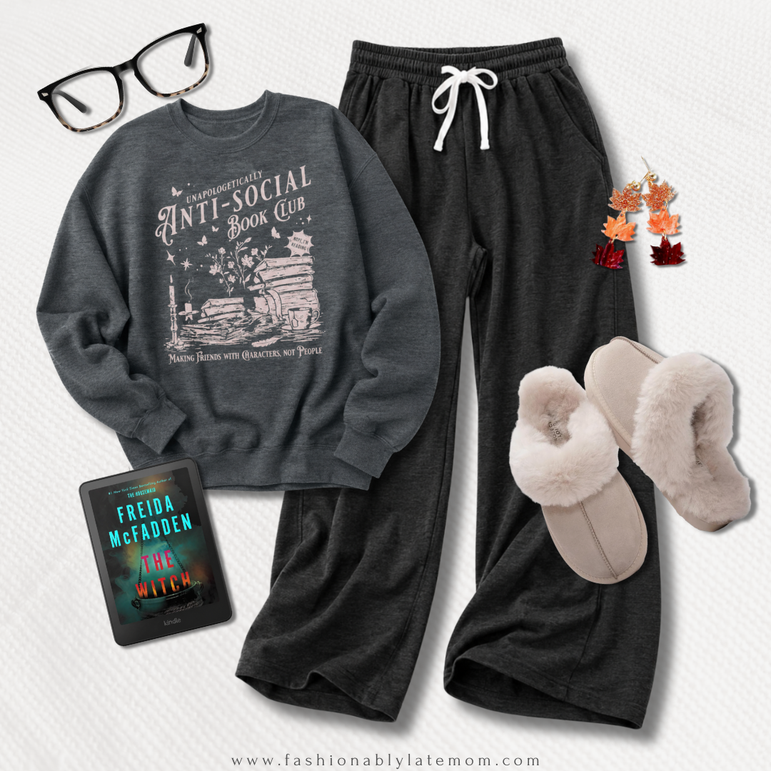 Anti-social book club graphic sweatshirt with black joggers, fuzzy slippers and reading glasses