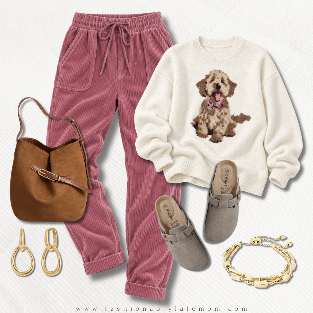 Puppy graphic sweatshirt with pink corduroy pants, a brown shoulder bag and clogs