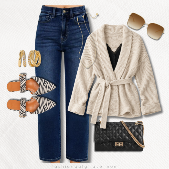 fall outfit from Amazon with dark wash straight-leg jeans, a belted cream wrap cardigan over a black lace cami, zebra print mules and a quilted black chain bag