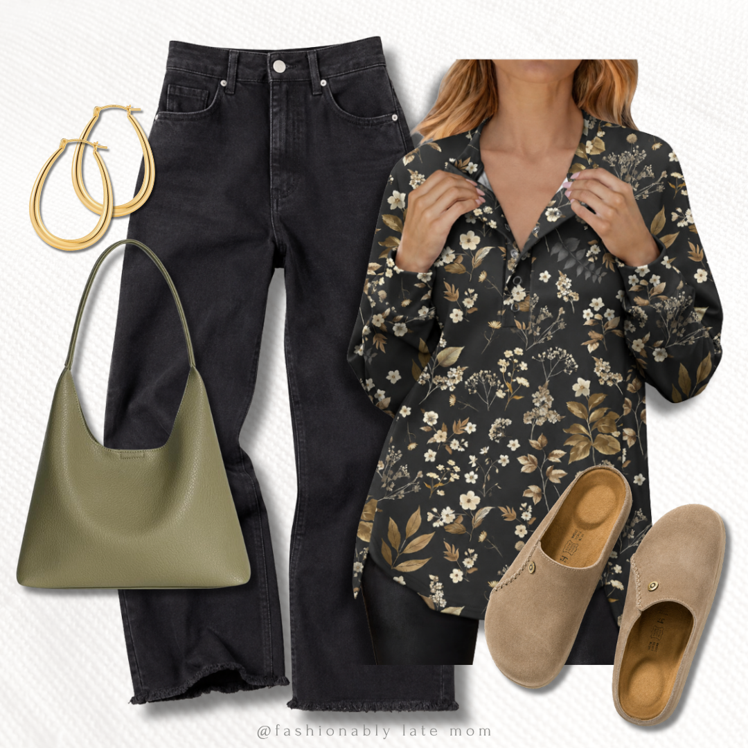 fall outfit idea with black wide-leg jeans, a dark floral button-front tunic, an olive hobo bag and taupe suede clogs