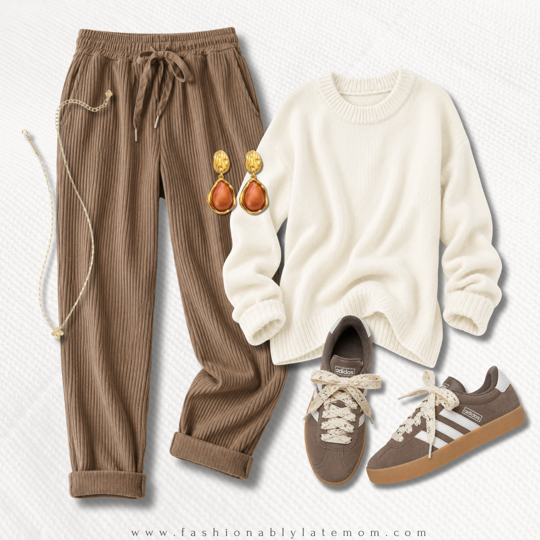 cozy fall outfit with brown corduroy joggers, a cream crewneck sweater, teardrop earrings and brown suede platform sneakers