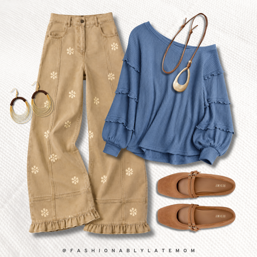 fall outfit with floral-stamped tan wide-leg pants, a blue ruffle-sleeve top, a pendant necklace and brown mary jane flats