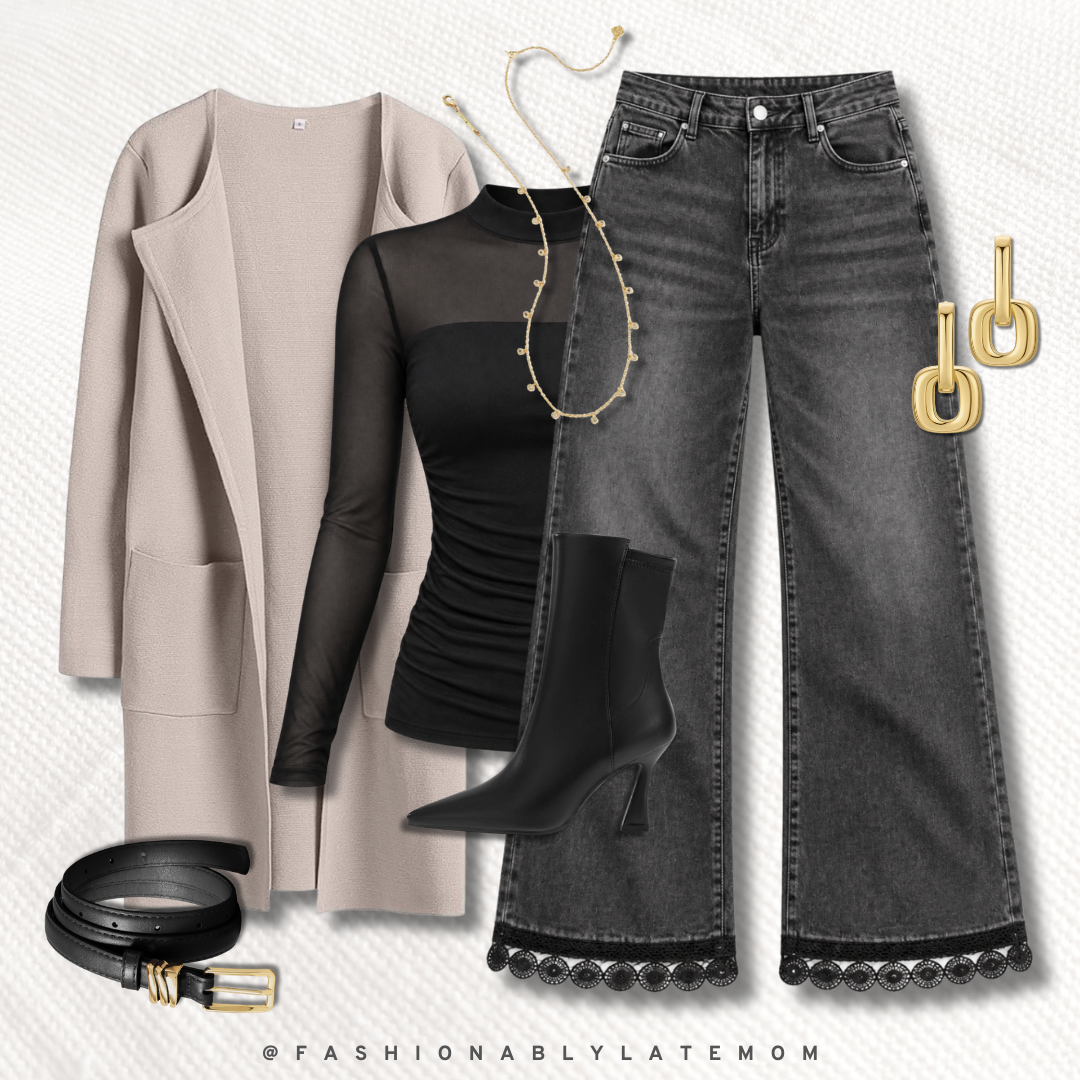 black mesh-sleeve top, taupe longline cardigan coat, gray wash wide-leg jeans with lace trim hem, black heeled boots, and gold jewelry