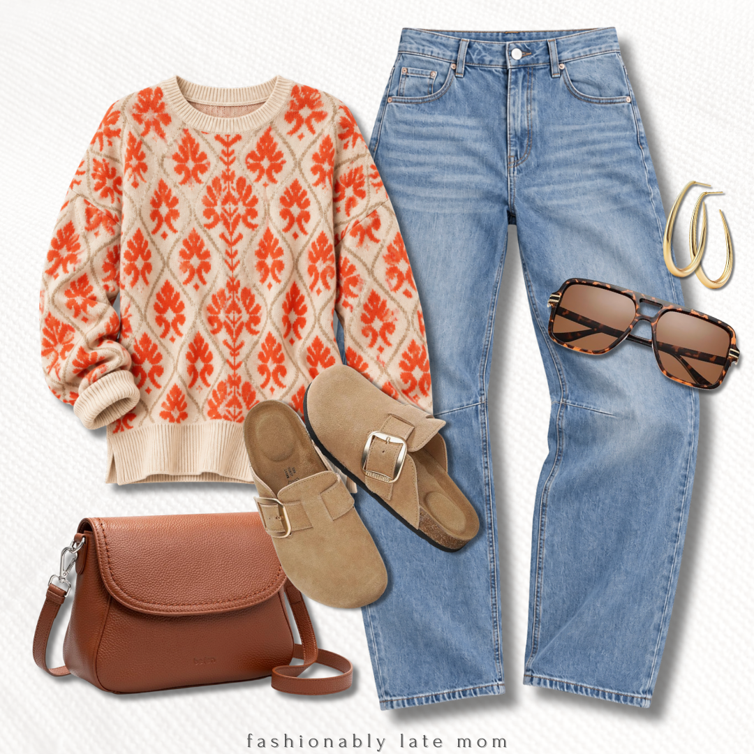 orange and cream patterned sweater, light wash jeans, taupe suede clogs, brown crossbody bag, and tortoise aviator sunglasses