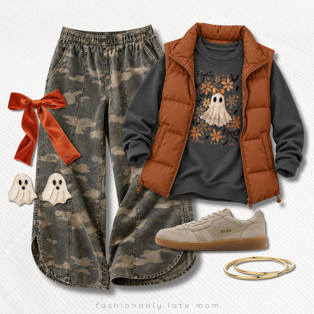 camo wide-leg pants, ghost graphic sweatshirt, rust puffer vest, tan suede sneakers, and ghost earrings