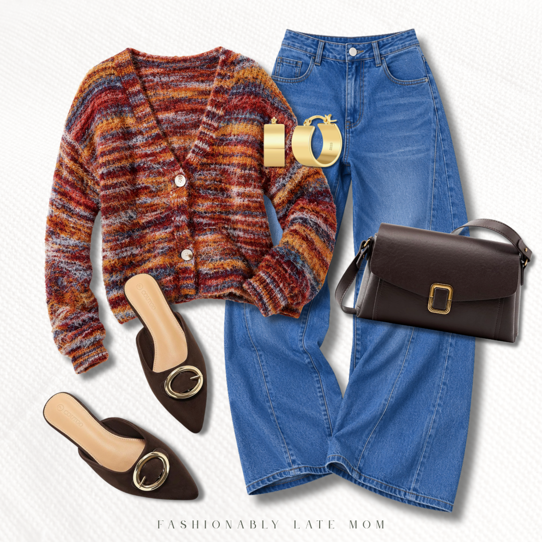 multicolor striped fuzzy cardigan, medium wash wide-leg jeans, dark brown buckle mules, and chocolate shoulder bag